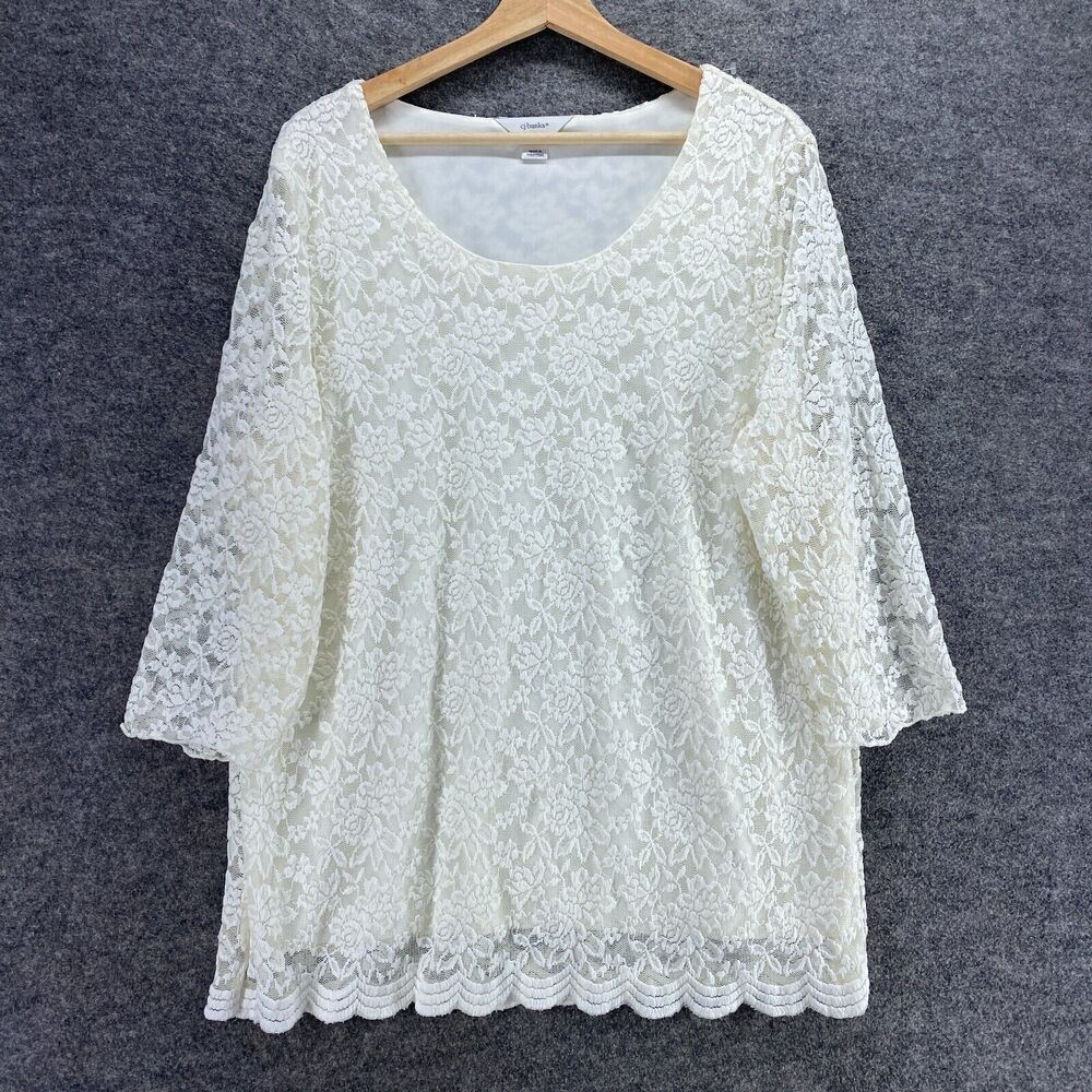 5/$45 Cj Banks Blouse Women 1X Plus White Floral Lined 3/4 Sleeve Round Neck